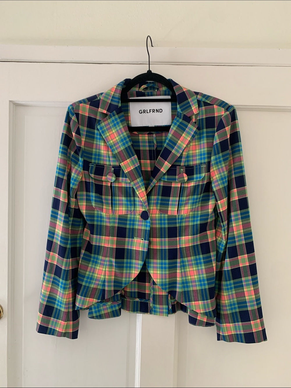GRLFRND Plaid Notch-Lapel Blazer in Navy, Green, Pink & Yellow